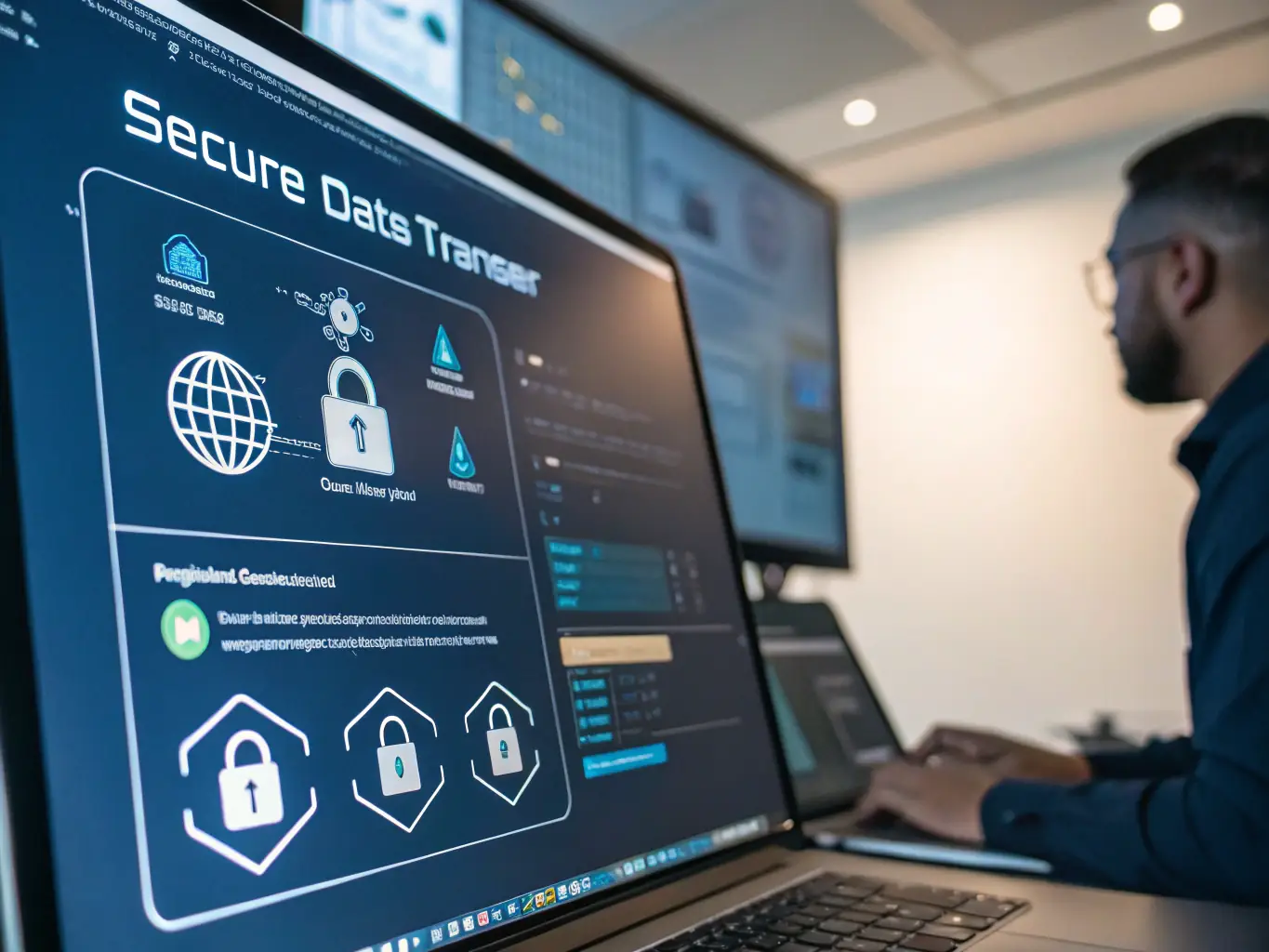 A technician providing hands-on technical assistance to a journalist, demonstrating how to use encryption tools and secure communication channels.