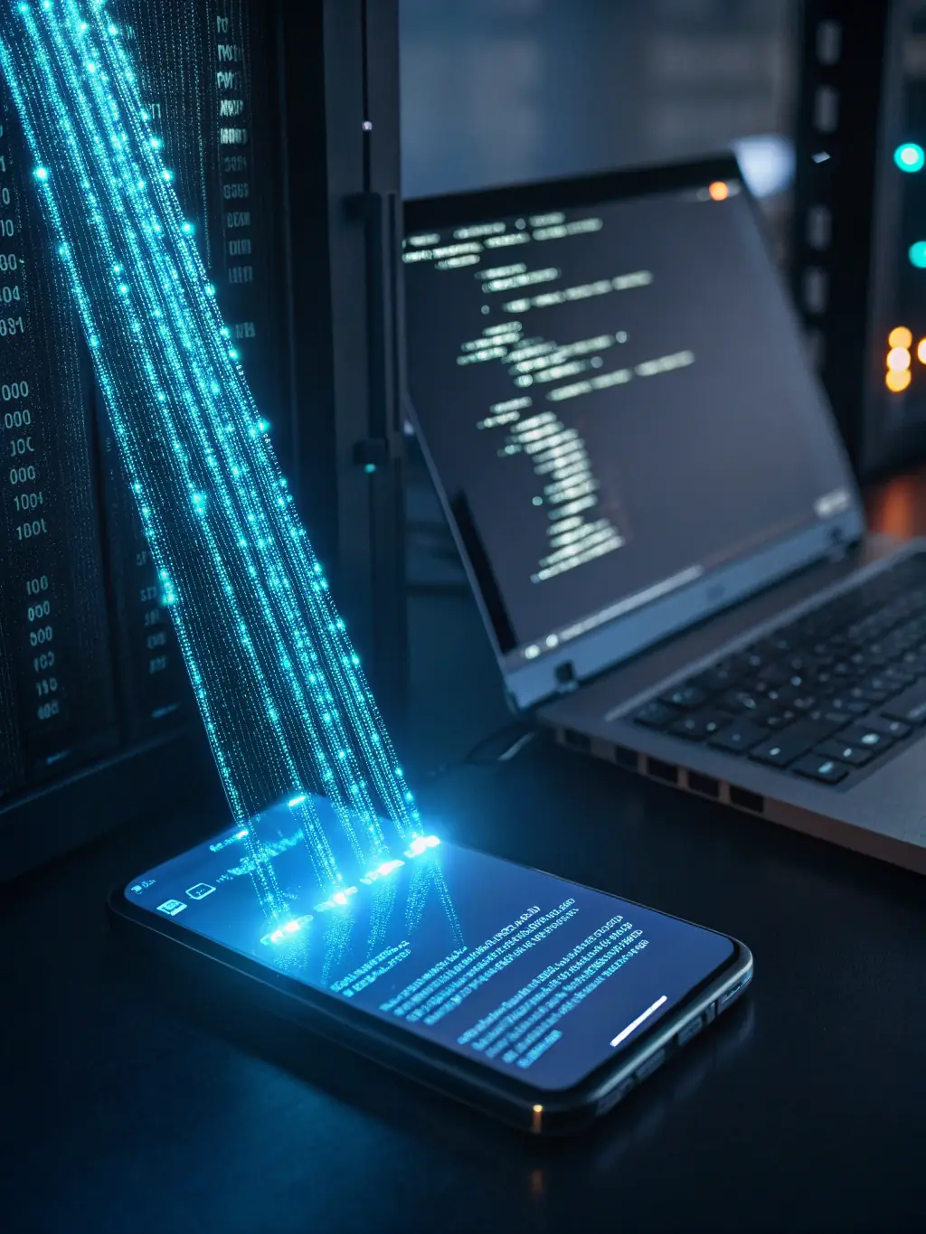 An abstract image of data flowing through a secure tunnel, representing encrypted communication, with a padlock symbolizing data protection.