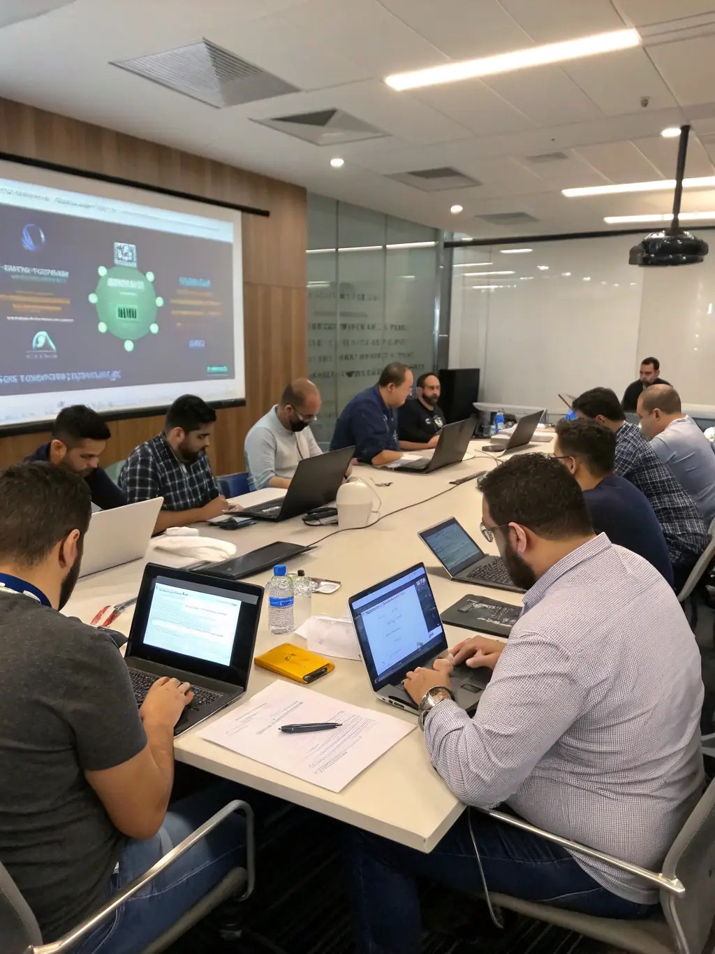 An image of a diverse group of people collaborating around a table, working on laptops, with a network diagram projected on the wall, representing collaborative cybersecurity efforts.