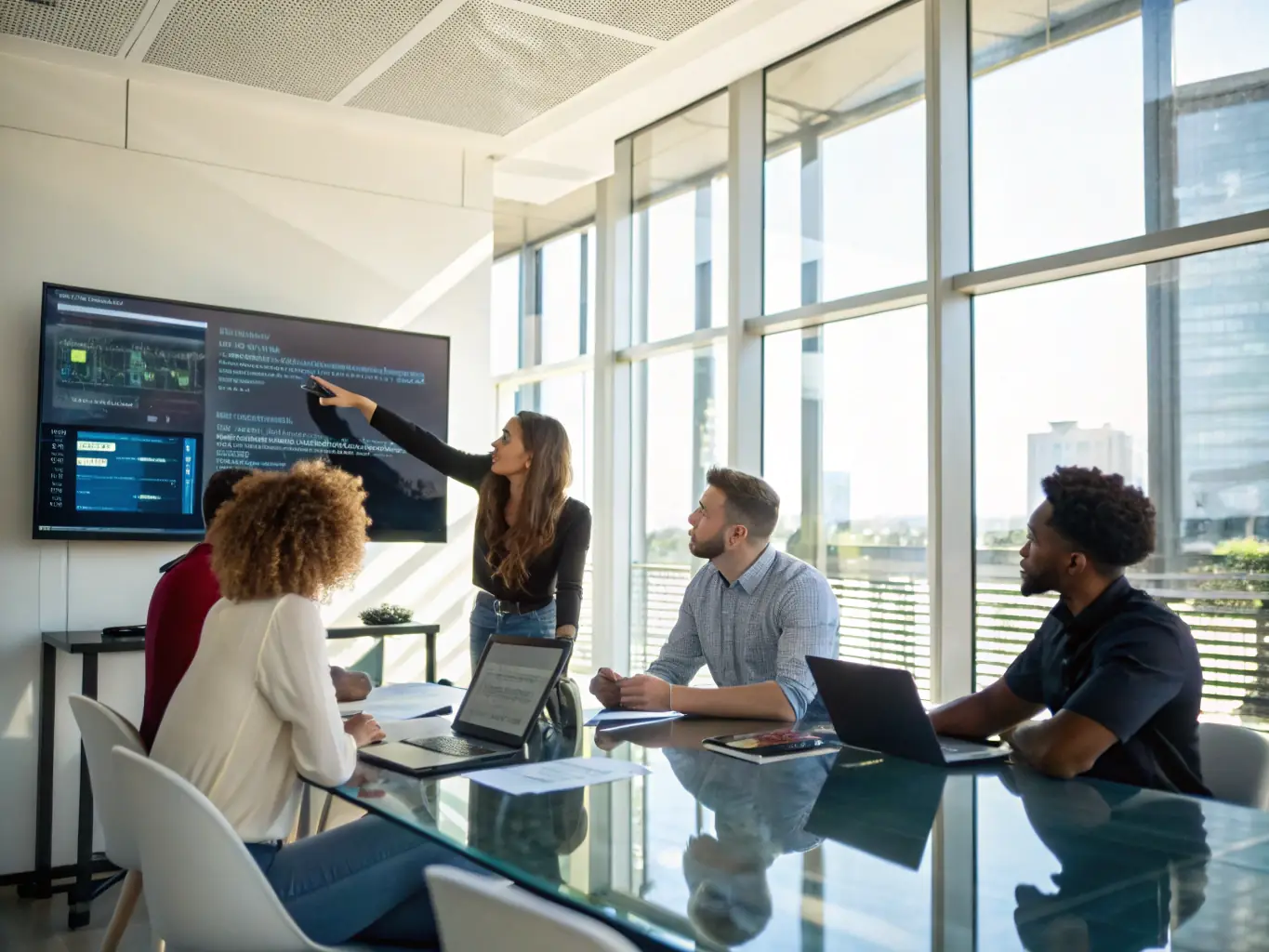 A diverse group of cybersecurity experts collaborating around a table, analyzing network traffic and discussing threat mitigation strategies in a modern office setting.